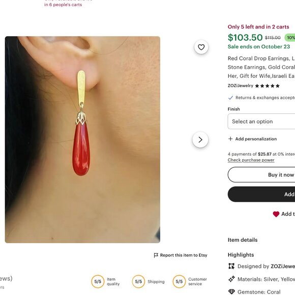 Real Red Coral and 24k Gold Plated Drop Earrings Victorian Regency Style - Picture 6 of 10